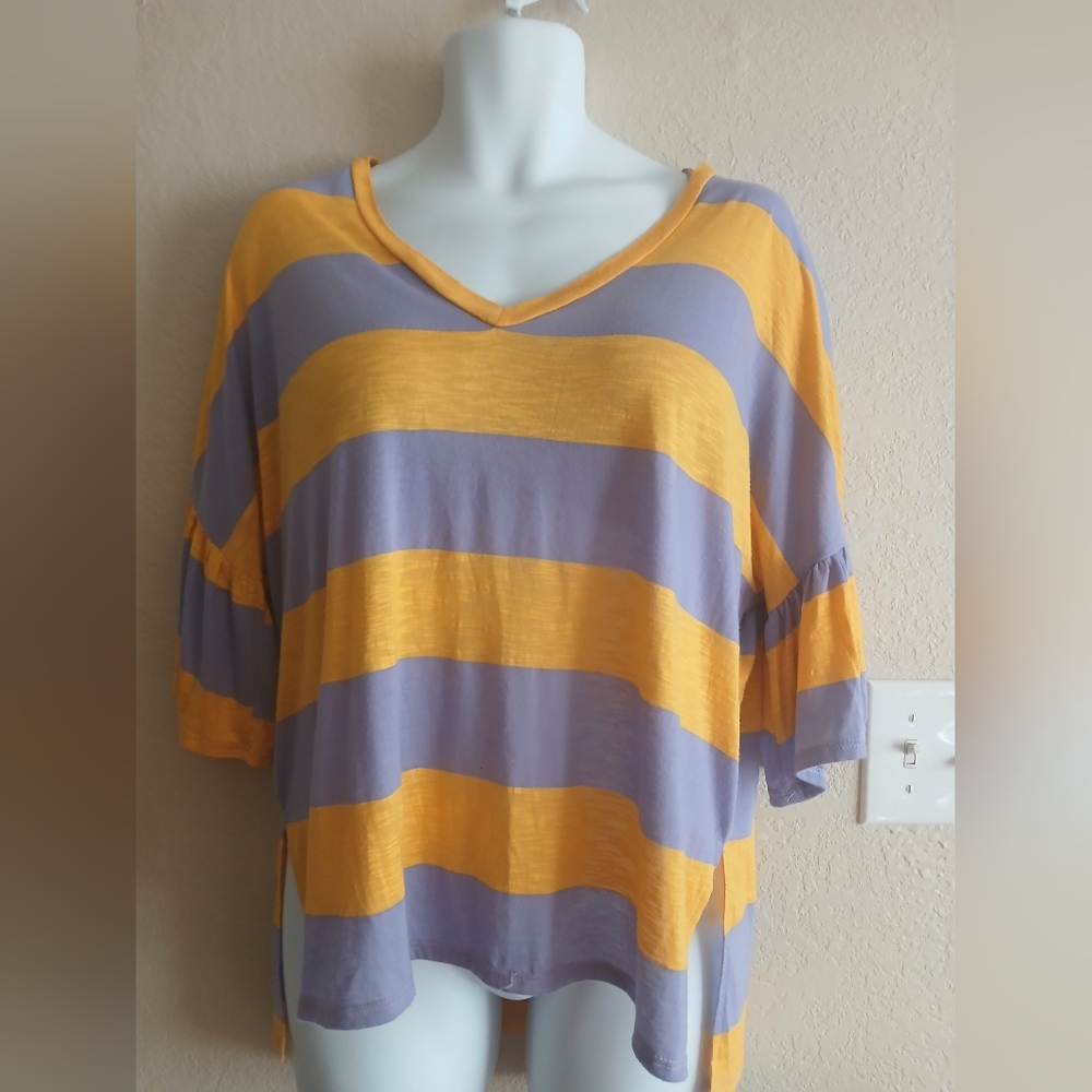 Fantastic Fawn V-Neck Tee with Yellow and Purple Stripes
